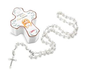 Willinglong Communion Rosary with Porcelain Box, First Communion Rosary Set for Girls, White Rosary with Cross Blessings on Your First Communion Ceramic Rosary Holder Holy Communion Gifts for Baptism