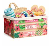 Willinglong Large Painted Pine Wood Crates for Storage Summer Bikini Box with Handles Unfinished Natural Wooden Crates Unassembled 16" x 13" x 8.9" Pink Decorative Wooden Box Home Beach