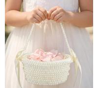 Willinglong Pearl Flower Girl Basket Wedding Basket with Cute Pearl Handle Bowknot Satin Small White Ivory Baskets for Wedding Ceremony Party Flower Girls