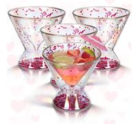 Willinglong Stemless Martini Glasses Set of 4, 7 oz Double Wall Insulated Cocktail Glass Set Iridescent with Glitter Hearts, for Margarita, Manhattan, Cosmopolitan, Home Bar, Parties