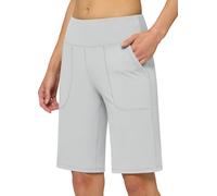 Willit Women's Athletic Long Shorts Bermuda High-Waisted Stretch Shorts Yoga Running Workout with Pockets Light Gray M
