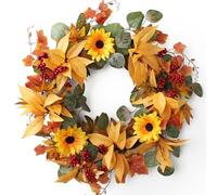 WILLITAT 24 Inch Autumn Wreath for Front Door - Large Outdoor Wreath with Sunflowers, Eucalyptus, Red Berries & Maple Leaves - Outside Autumnal Decor, Harvest Wall & Home Decoration for Thanksgiving