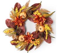 WILLITAT Autumn Wreath for Front Door - 24 Inch Outdoor Silk Wreath with Pumpkin, Dahlia, Magnolia Leaves & Fern - Large Autumnal Home Decoration for Indoors & Outdoors, Farmhouse Harvest Wall Decor