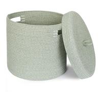 WILLITAT Storage Basket with Lid, Woven Blanket Storage for Living Room, Cotton Rope Bin with Lid, Round Wicker Laundry Basket with Cover, Lidded Kid Dog Toy Box, Nursery Organizer, 15"x13", Green