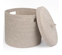 WILLITAT Storage Basket with Lid, Woven Blanket Storage for Living Room, Soft Cotton Rope Bin with Lid, Round Wicker Laundry Basket with Cover, Lidded Kids Dog Toy Bin, Nursery Organizer, 15" x 13"