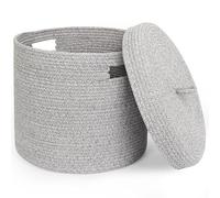 WILLITAT Storage Basket with Lid, Woven Blanket Storage for Living Room, Soft Cotton Rope Bin with Lid, Round Wicker Laundry Basket with Cover, Lidded Kid Dog Toy Box, Nursery Organizer, 15"x13", Gray