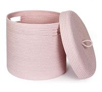 WILLITAT Storage Basket with Lid, Woven Blanket Storage for Living Room, Soft Cotton Rope Bin with Lid, Round Wicker Laundry Basket with Cover, Lidded Kid Dog Toy Box, Nursery Organizer, 15"x13", Pink