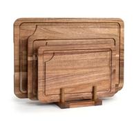 WILLKOMMEN Acacia Wood Cutting Board Set for Kitchen, 3-Piece Chopping Boards with Stand & Juice Groove & Handles, Heavy Duty Wooden Butcher Block for Meat, Vegetables (Small, Medium, Large)