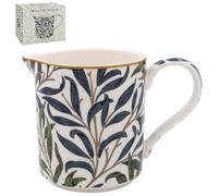 Willow Bough Fine China Jug, White with Navy and Green Leaf Pattern, Gold Rin
