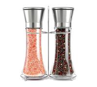 Willow & Everett Salt and Pepper Grinders - Set of Premium Stainless Steel Mills w/Stand - Tall Shakers w/Adjustable Coarseness - Salt & Pepper Mills w/Lids