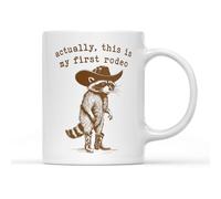 Willow Gifts Actually This is My First Rodeo Coffee Tea Mug - Cute Western Raccoon Adorable Trash Panda Cowboy Boots Cowboy Hat Line Dancing Tap Dance Classic Country Gift Present (White Handle)