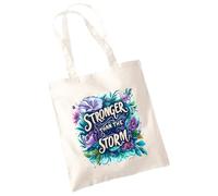 Willow Gifts Affirmation Organic Tote Bag - Stronger Than Storm Positive Floral Motivation Ambition Statement Shopper Gift Present