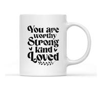Willow Gifts Affirmation White Mug Tea Coffee Cup - Strong Kind Loved Motivation Heart Positive Ambition Statement Gift Present (White Handle)