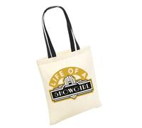 Willow Gifts Art Deco Life of a Showgirl Canvas Tote Bag, Vintage 1920s Great Gatsby Style Shopping Shoulder Bag, Stylish Theatre, Natural Cotton with Black Handles, Art Deco Style, Gold Logo Design