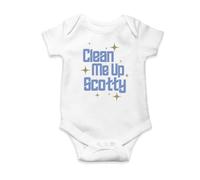 Willow Gifts Clean Me Up Scotty Babygrow Romper Onesie Baby Grow Novelty Fun Cute Beam Catchphrase Starship Enterprise Chief Engineer Boy Girl Science Fiction TV Gift Present (0-3 Months, White)