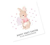 Willow Gifts - Happy First Easter To Our Granddaughter Square Card - Watercolour Baby Bunny Rabbit Egg Hunt Wreath Blank/Personalised Message (Personalised Message)