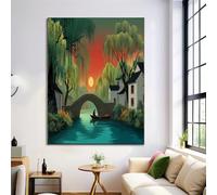 Willow Lake Canvas Wall Art Painting - Wall Decor Modern Emerald Green Pictures Room Decoration Chinese Architecture Print Poster Artwork For Living Room Home Decor Unframed 24X35In