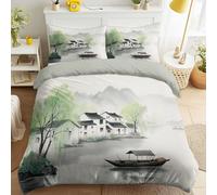 Willow Landscape River Boat Duvet Cover Set 200 x 200 cm, Printed Comforter Cover with Pillowcase, Ink Wash Classic Bedding Set for Kids Girls Bedroom, Lightweight Bedspread Cover