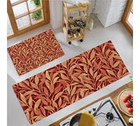 Willow Leaves Kitchen Rug Sets, 2 Pieces Non Slip Kitchen Mat Sets,Washable Country Style Floor Mat for Hallway, Bedroom, Sink (Reddish Brown, 43x75cm+43x150cm)