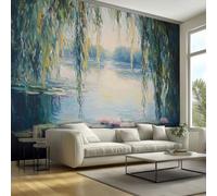 Willow Leaves Wallpaper, Impressionist Lotus in The Water Wallpaper for Living Room, Bedroom, Non-Woven Decor Wall Paper, Photo Mural Dining Room, Hallway, Lounge, 250 x 175 cm Ac39