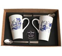 Willow Pattern Latte Mugs Set of 2 Gift Boxed with Spoons. Ceramic Latte Mug 3/4pt Capacity