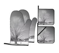 Willow Tree 4-Piece Oven Gloves and Heat Insulation Mat Set Printed Kitchen Oven Gloves Suitable for Baking and Cooking