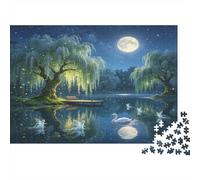 Willow Tree Lake Night 1000 Piece Jigsaw Puzzle Paper for Adults Moonlit Water Reflection Relaxation Focus Family Decor Gift 52x38cm/1000pcs