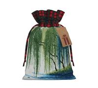 Willow Trees By The River Gift Bag â€“ Festive Print Drawstring Bag, Perfect For Holidays, Birthdays, And Party Favors, Elegant Plaid Pattern With Kraft Paper Tag