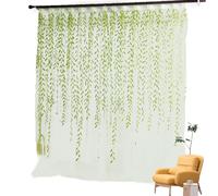 Willow Voile Curtain Panel - Gently Filters Sunlight, Green Leaf Pattern Edge With Gold Glitter, Drop 100x200cm Or 270cm, Transparent Polyester Tulle Fabric - For