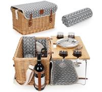 WILLOW WEAVE Luxury Picnic Basket, Wicker Picnic Basket Set for 4, Picnic Basket with Blanket & Portable Table for Camping and Outdoor Party - Blue Leaf