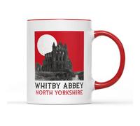 WillowGifts Whitby Abbey Dracula Mug Tea Coffee Cup - Bram Stoker 125th Anniversary Gothic Horror Novel Fiction Goth Vampire Transylvania Gift Present (Red Handle)