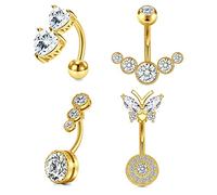 WillTen 14G 10mm Belly Button Bars Stainless Steel Women Reverse Belly Ring Butterfly Double Heart Diamond CZ Gold Navel Piercing Jewellery