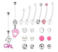 WillTen 14G Pregnancy Belly Bar Dangly, 8Pcs Maternity Bar With 12Pcs Plastic Replacement Piercing Balls, Bioflex Long Button Bars for Women