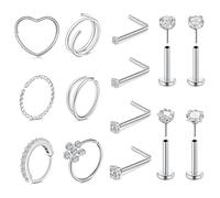 WillTen 14Pcs Double Nose Ring Set, Silver Flat Back Hoop Nose Stud, 20G 8mm L Shape Threadless Nose Piercing Jewellery