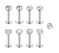 WillTen 16G Internal Thread Tragus Labret & Helix Stud, Lip Bar & Flat Back Earring Jewelry - 8Pcs