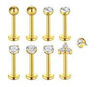 WillTen 16G Internal Thread Tragus Labret Piercing Jewelry - 8Pcs Helix Lip Stud Bar with Flat Back Earring