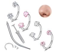 WillTen 18G Septum Piercing Jewellery Septum Ring, Double Gem Pink Star Heart Horseshoe Nose Ring Horse Shoe Piercing, Stainless Steel Cartilage Helix Tragus Labret Lip Piercing Jewelry Silver