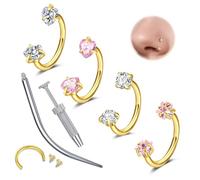 WillTen 18G Septum Piercing Jewellery Septum Ring, Double Gem Pink Star Heart Horseshoe Nose Ring Horse Shoe Piercing, Stainless Steel Cartilage Helix Tragus Labret Lip Piercing Jewelry Gold