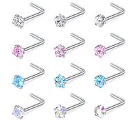 WillTen 20G Nose Studs L Shape Women Nose Studs Colorful Diamond CZ Silver Stainless Steel Heart Start Piercing Jewelry 12PCS