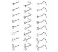 WillTen 20G Nose Studs Silver Corkscrew Nose Studs L Shape Women Stainless Steel Diamond CZ Nose Bone Stud Heart Star Jewelry Piercing 24PCS
