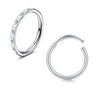 WillTen 2PCS Hinged Nose Ring Hoop Silver,16G 8mm Nose Septum Ring Surgical Steel with Diamond Hinged Clicker Segment Nose Rings Cartilage Helix Tragus Rook Piercing Jewellery for Women