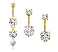 WillTen 3 Pcs Belly Bar Set, 14G 10mm Gold, Stainless Steel, Dangly Belly Piercing Jewellery