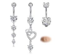 WillTen 3Pcs Belly Button Bars 14G Stainless Steel Belly Bars, 10mm Gold Silver Dangly Navel Rings Belly Button Piercing for Women, Clear CZ Teardrop Heart Dangling Belly Button Jewelry