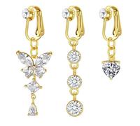 WillTen 3Pcs Fake Belly Button Piercing Gold, Surgical Steel Clip On Belly Ring Butterfly Heart Dangly Fake Piercing Jewellery for Women