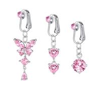 WillTen 3Pcs Fake Belly Button Piercing Pink, Surgical Steel Clip On Belly Ring Butterfly Heart Dangly Fake Piercing Jewellery for Women