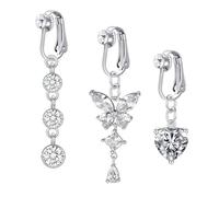 WillTen 3Pcs Fake Belly Button Ring - Silver, Surgical Steel Clip On Butterfly Heart Dangly Non-Pierced Piercing Jewellery for Women