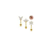 WillTen 3Pcs Rook Piercing Jewelry Vertical Labret Jewelry Gold, Stainless Steel Eyebrow Piercing Curved Barbell Lip Bars, Clear CZ Butterfly Flower Rook Daith Vertical Helix for Women Men