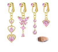 WillTen 4Pcs Fake Belly Button Piercing Clip on Non Pierced Belly Button Ring, Gold Fake Belly Button False Piercing Jewelry with Heart Butterfly Dangly CZ for Women Non Piercing