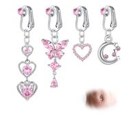 WillTen 4Pcs Fake Belly Button Piercing Clip on Non Pierced Belly Button Ring, Silver Fake Belly Button False Piercing Jewelry with Heart Butterfly Dangly CZ for Women Non Piercing