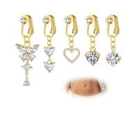 WillTen 5Pcs Fake Belly Button Piercing Clip on Non Pierced Belly Button Ring, Gold Fake Belly Button False Piercing Jewelry with Heart Butterfly Dangly CZ for Women Non Piercing
